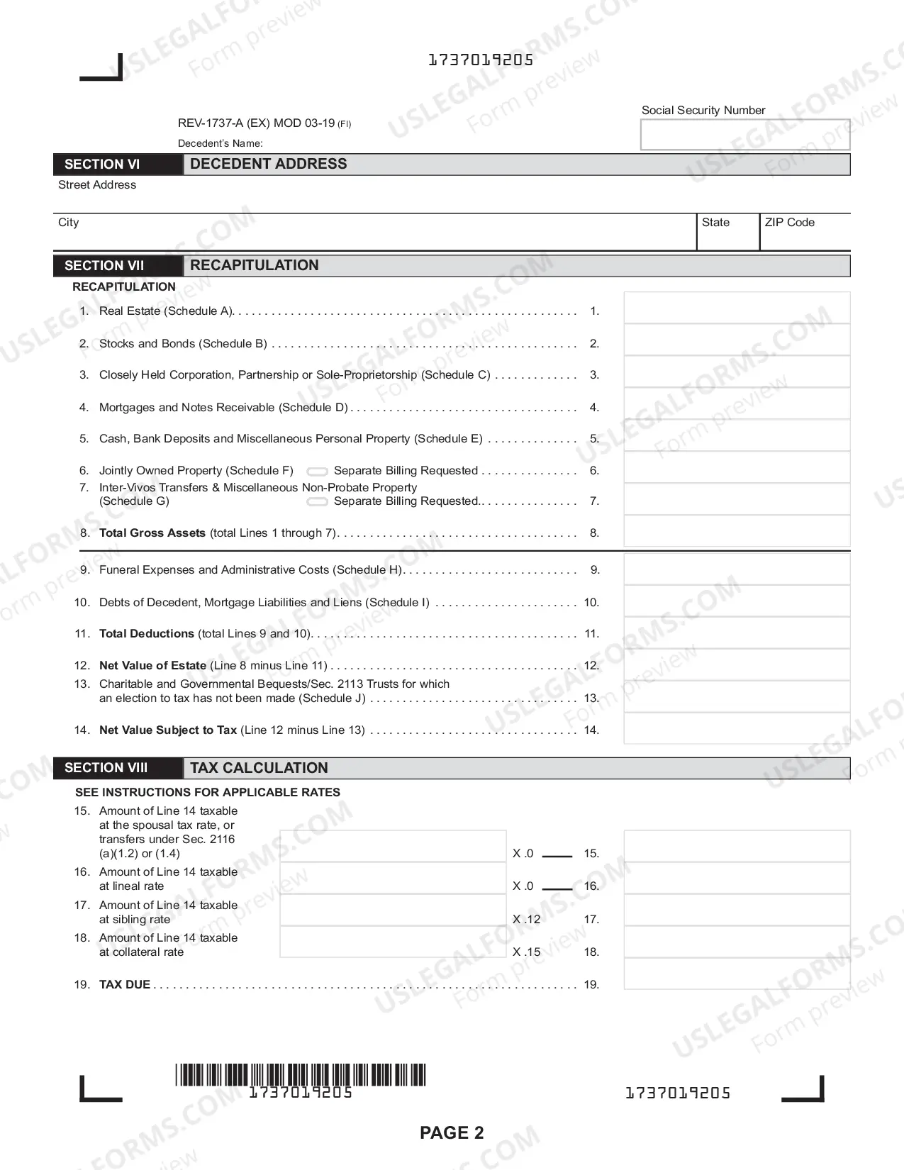 Preview REV-1737-A -- Inheritance Tax Return - Nonresident Decedent