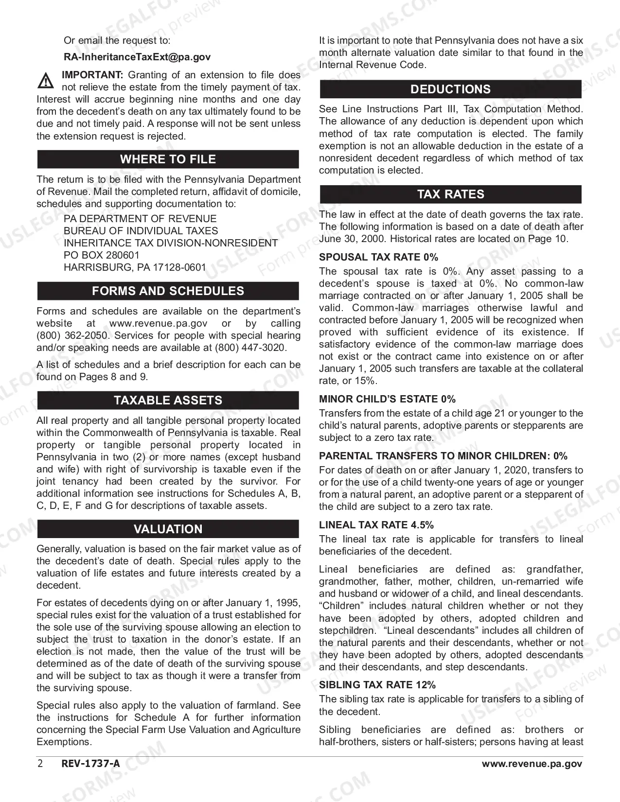 Preview REV-1737-A -- Inheritance Tax Return - Nonresident Decedent