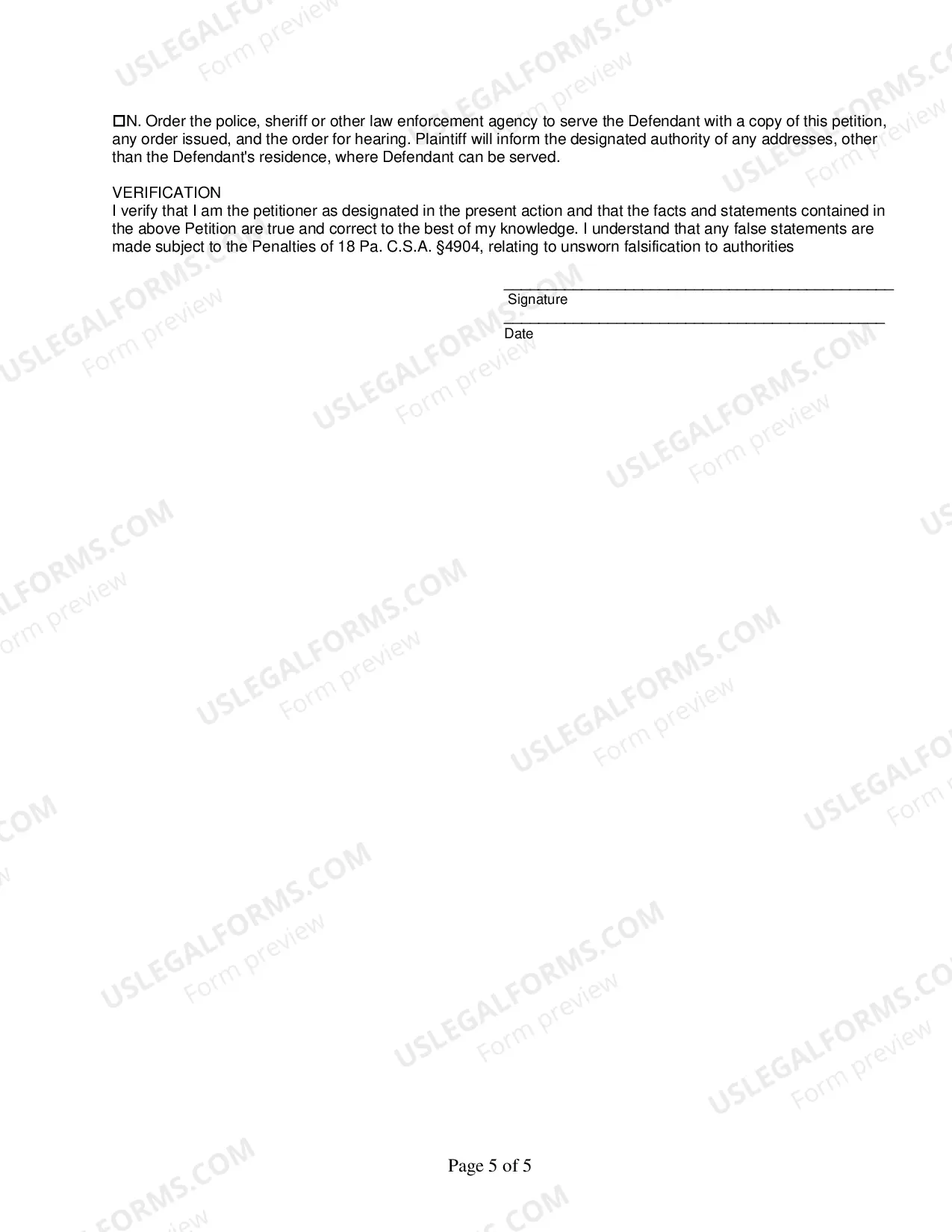 Preview Petition for Protection from Abuse in the Court of Common Pleas