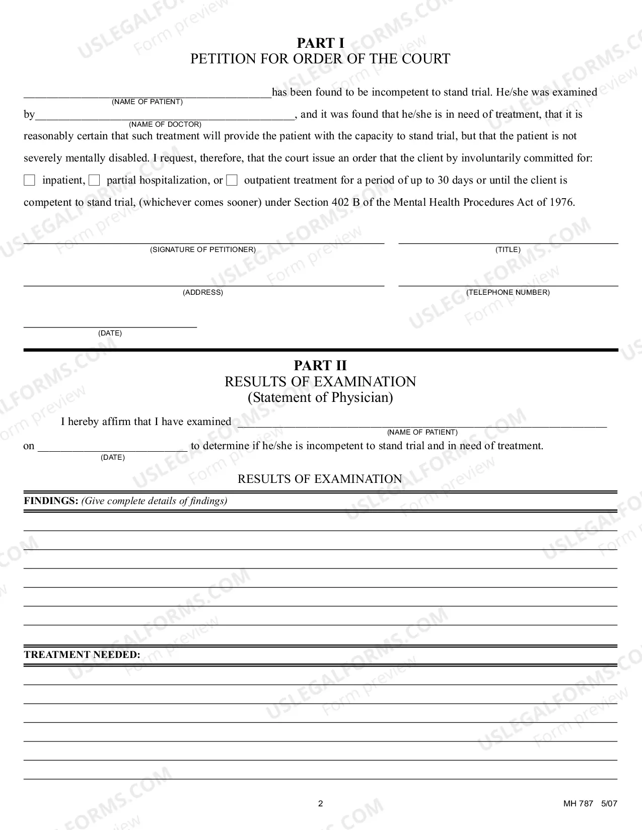 Preview Petition For Commitment For Involuntary Treatment Where Severe Mental Disability Is Not Present