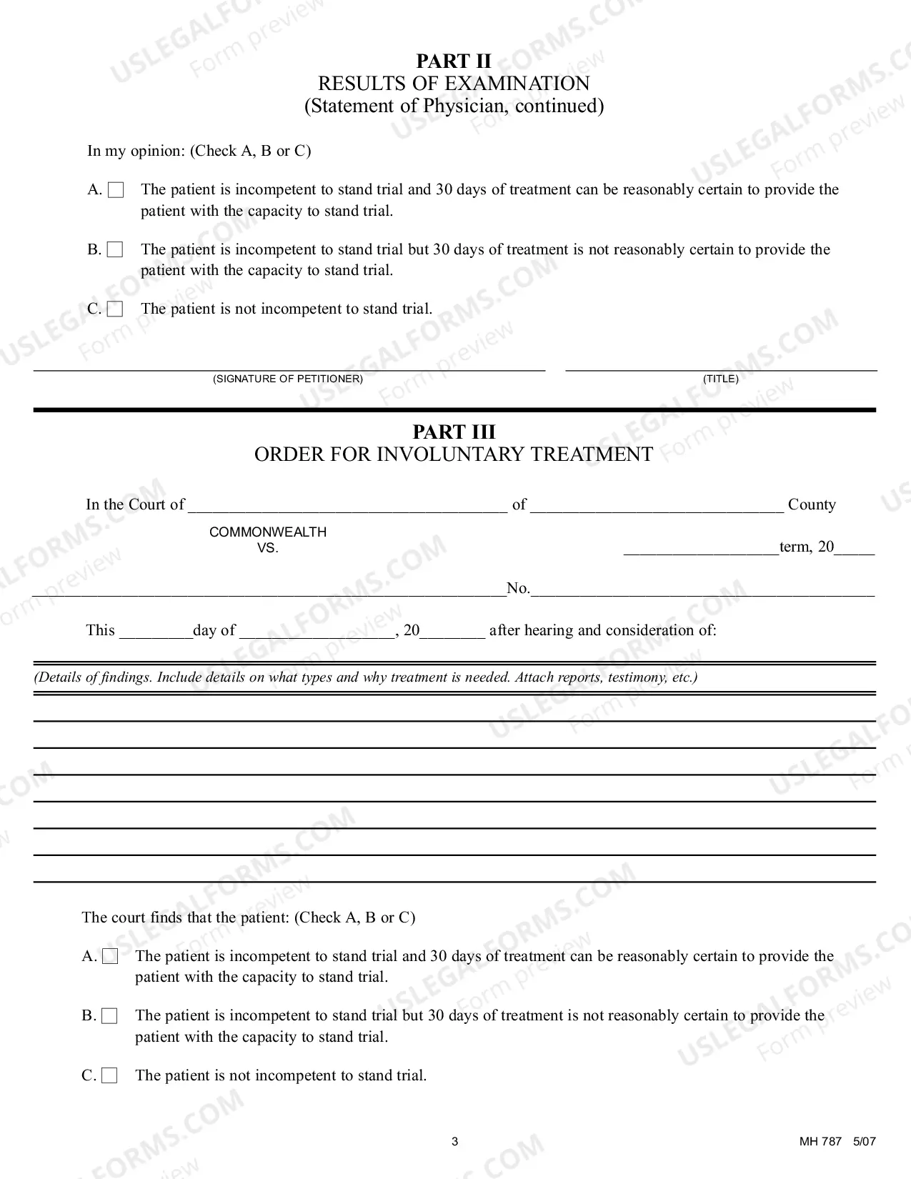 Preview Petition For Commitment For Involuntary Treatment Where Severe Mental Disability Is Not Present