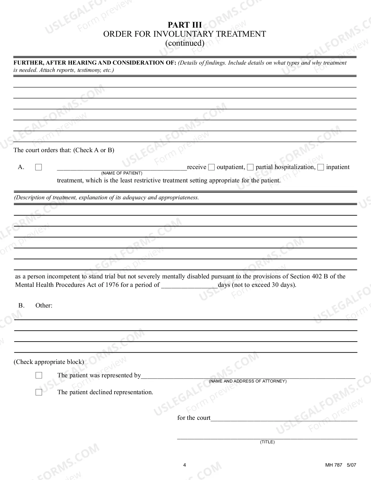 Preview Petition For Commitment For Involuntary Treatment Where Severe Mental Disability Is Not Present
