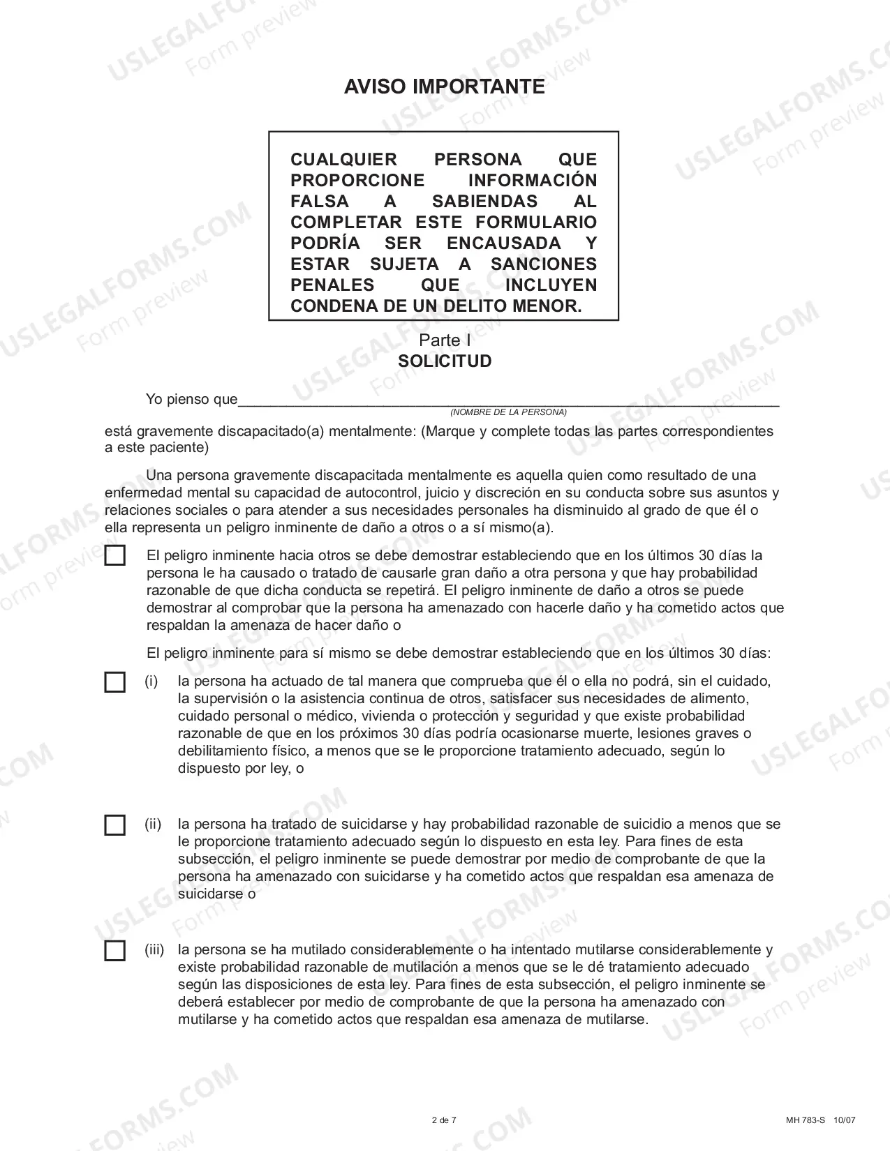 Preview Application for Involuntary Emergency Examination & Treatment - Spanish
