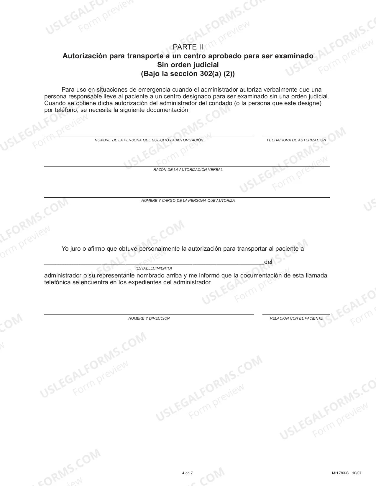 Preview Application for Involuntary Emergency Examination & Treatment - Spanish