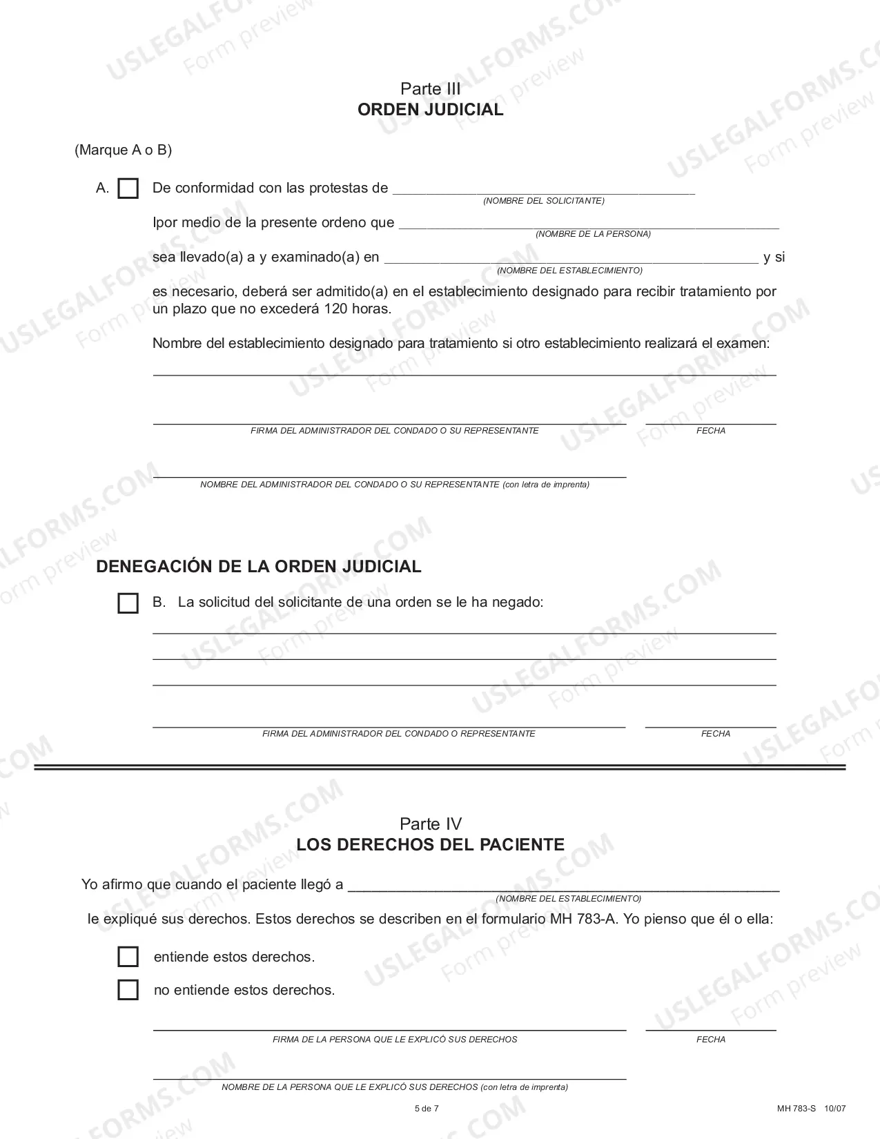 Preview Application for Involuntary Emergency Examination & Treatment - Spanish