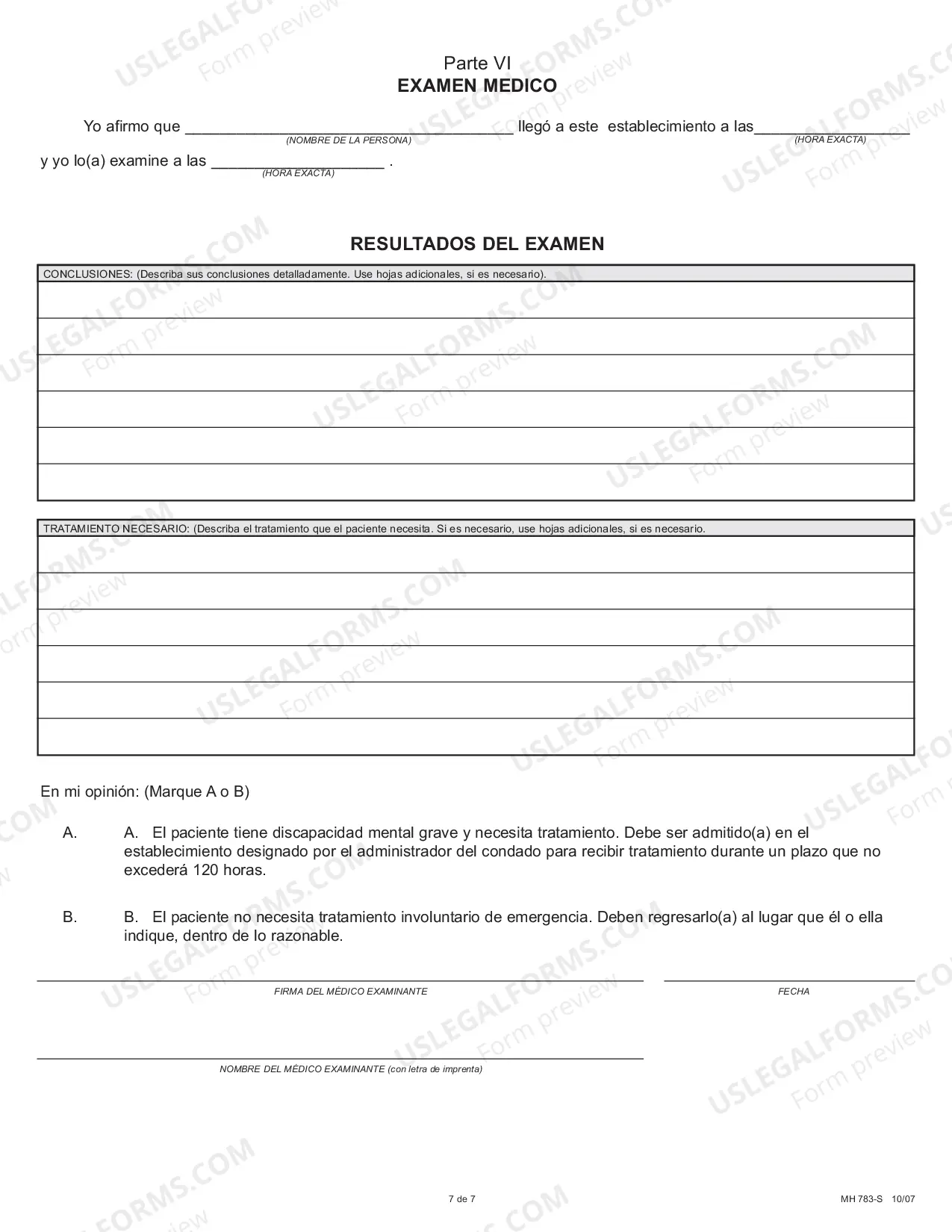 Preview Application for Involuntary Emergency Examination & Treatment - Spanish