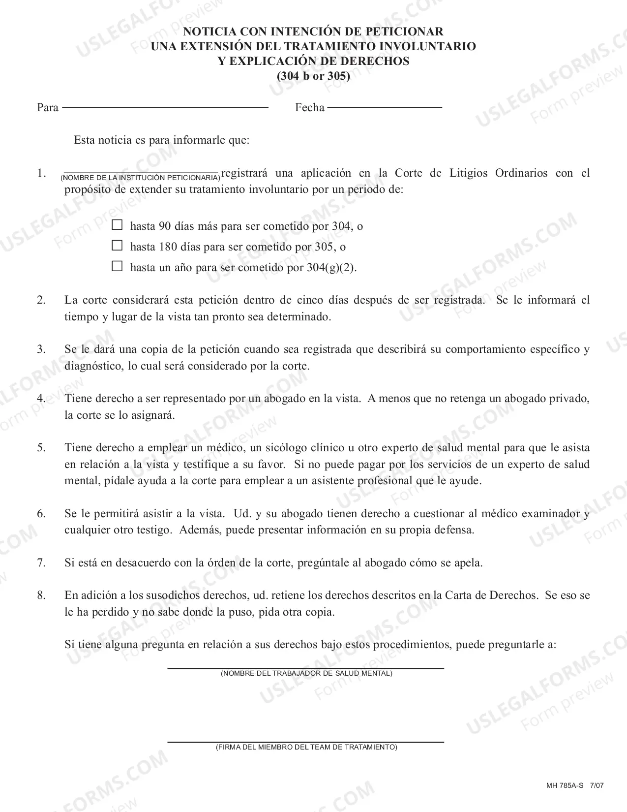Preview Notice With Intent to File a Petition for Extended Involuntary Treatment and Explanation of Rights (English and Spanish)