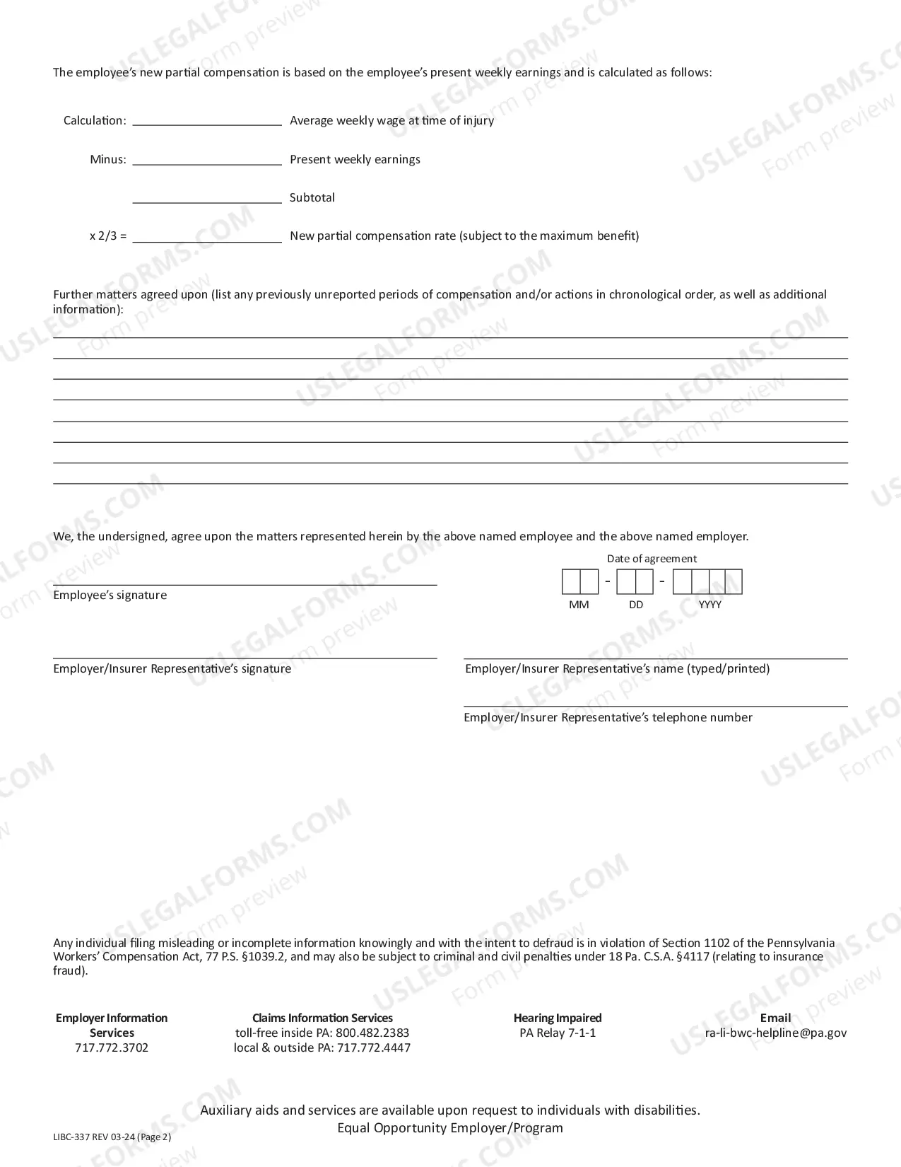 Preview Supplemental Agreement for Compensation for Disability or Permanent Injury