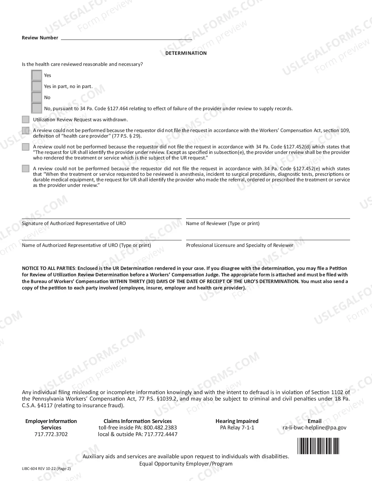 Preview Utilization Review Determination Face Sheet