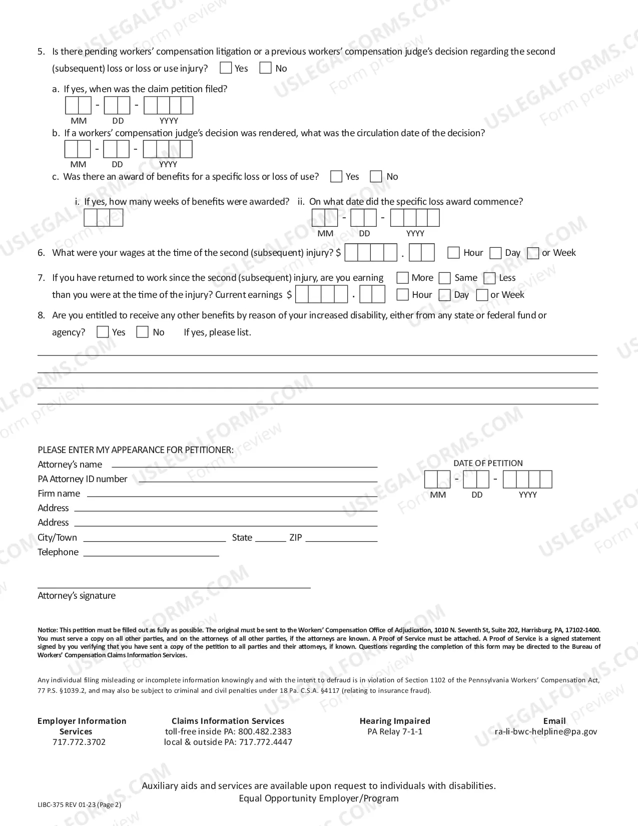 Preview Claim Petition For Additional Compensation From Subsecquent Injury Fund
