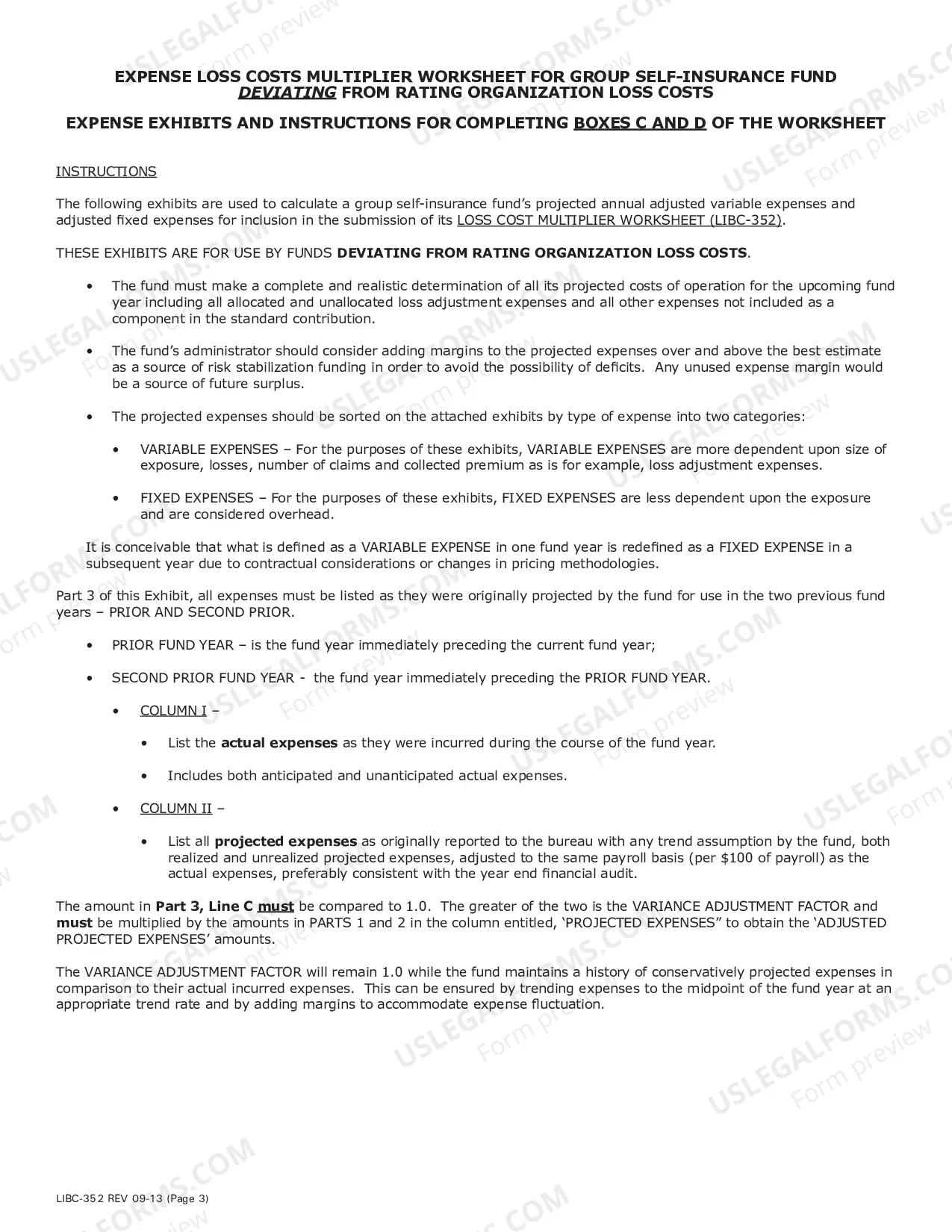 Preview Expense Loss Cost Multiplier Worksheet For Group Self-Insurance Fund