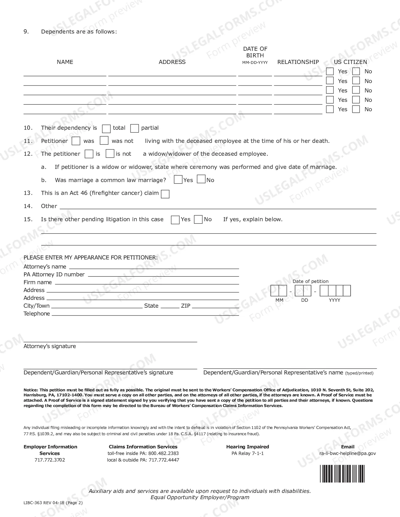 Preview Fatal Claim Petition For Compensation By Dependents of Deceased Employees