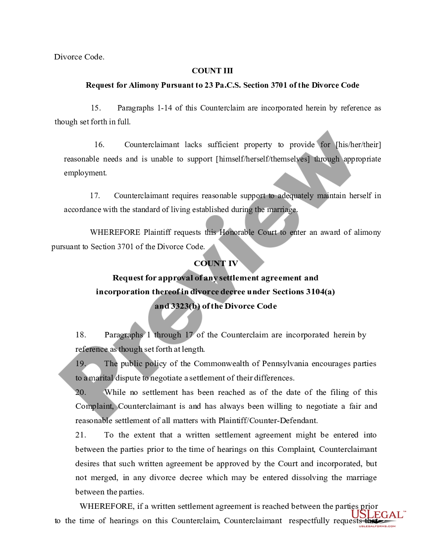 Pennsylvania Answer and Counterclaim to Complaint for Divorce | US ...