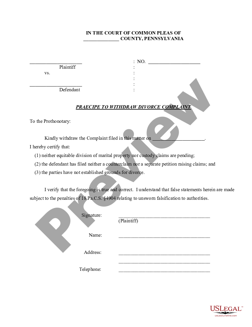 Pennsylvania Praecipe to Withdraw Divorce Complaint | US Legal Forms