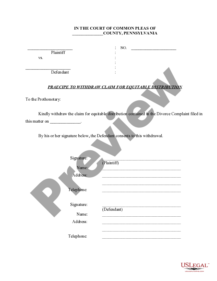 Pennsylvania Praecipe to Withdraw Claim for Equitable Distribution US