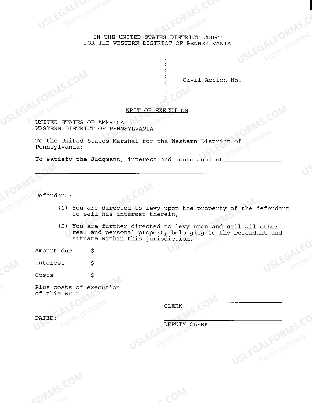 Pennsylvania Writ of Execution US Legal Forms