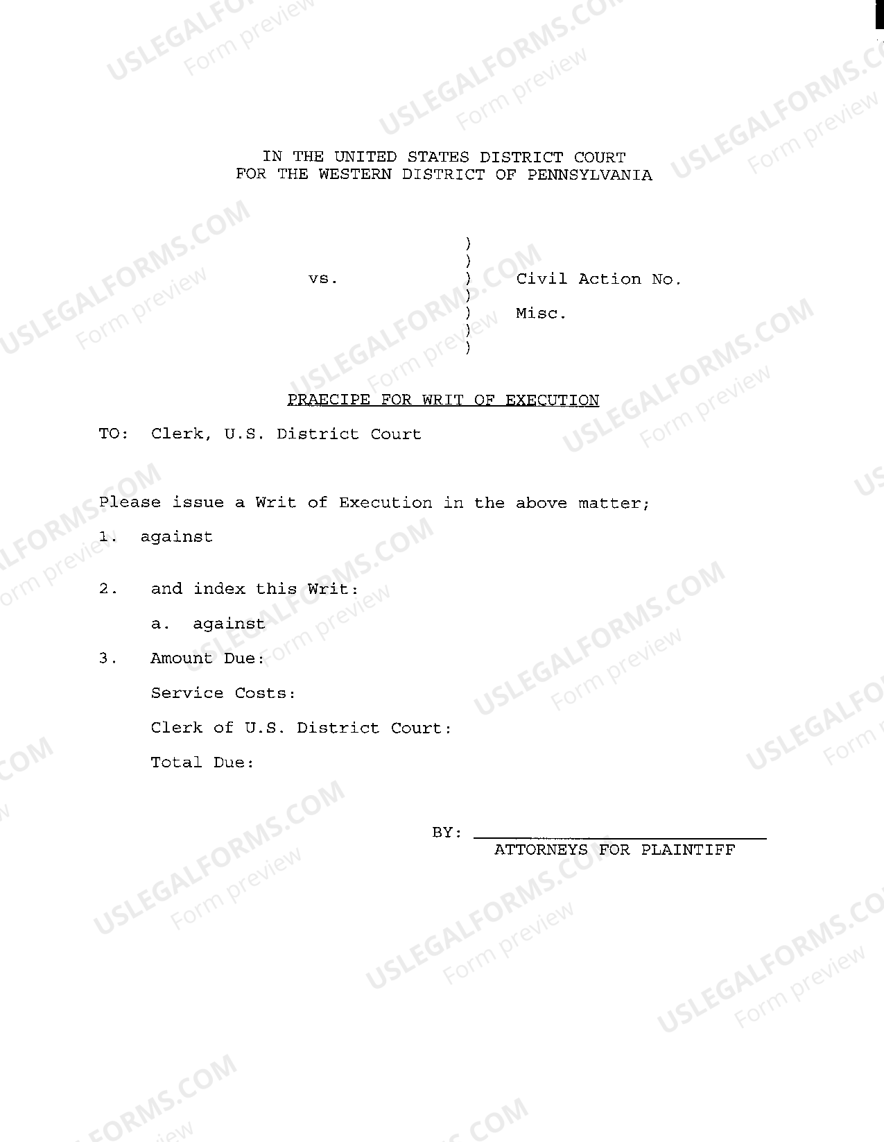 Pennsylvania Writ of Execution US Legal Forms