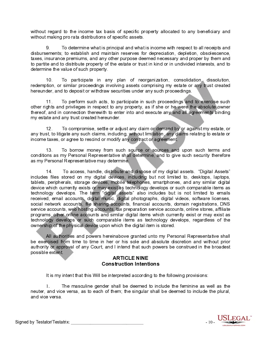 Preview Last Will and Testament for Single Person with No Children