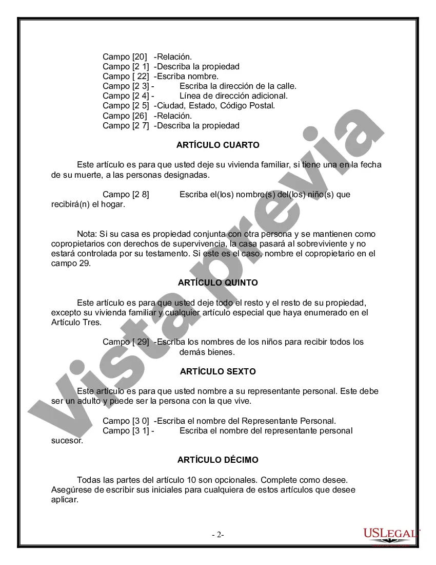 Preview Formulario Legal de Última Voluntad y Testamento para Persona Soltera con Hijos Adultos