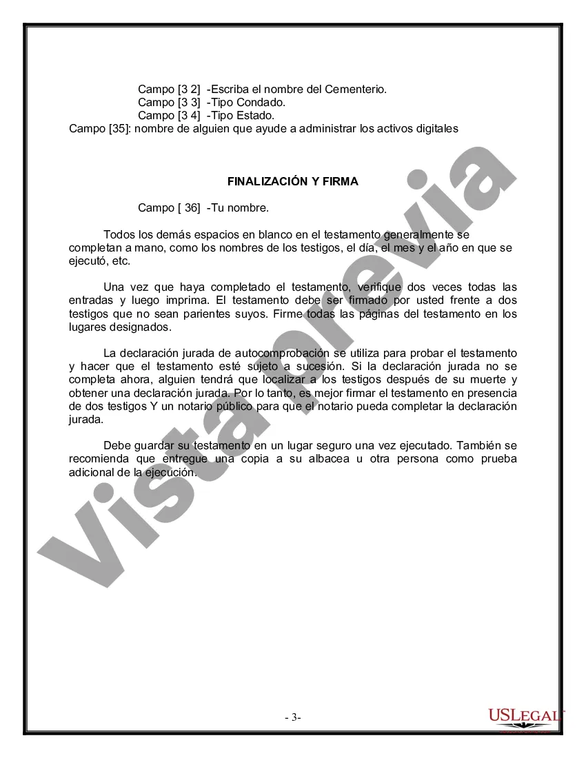 Preview Formulario Legal de Última Voluntad y Testamento para Persona Soltera con Hijos Adultos