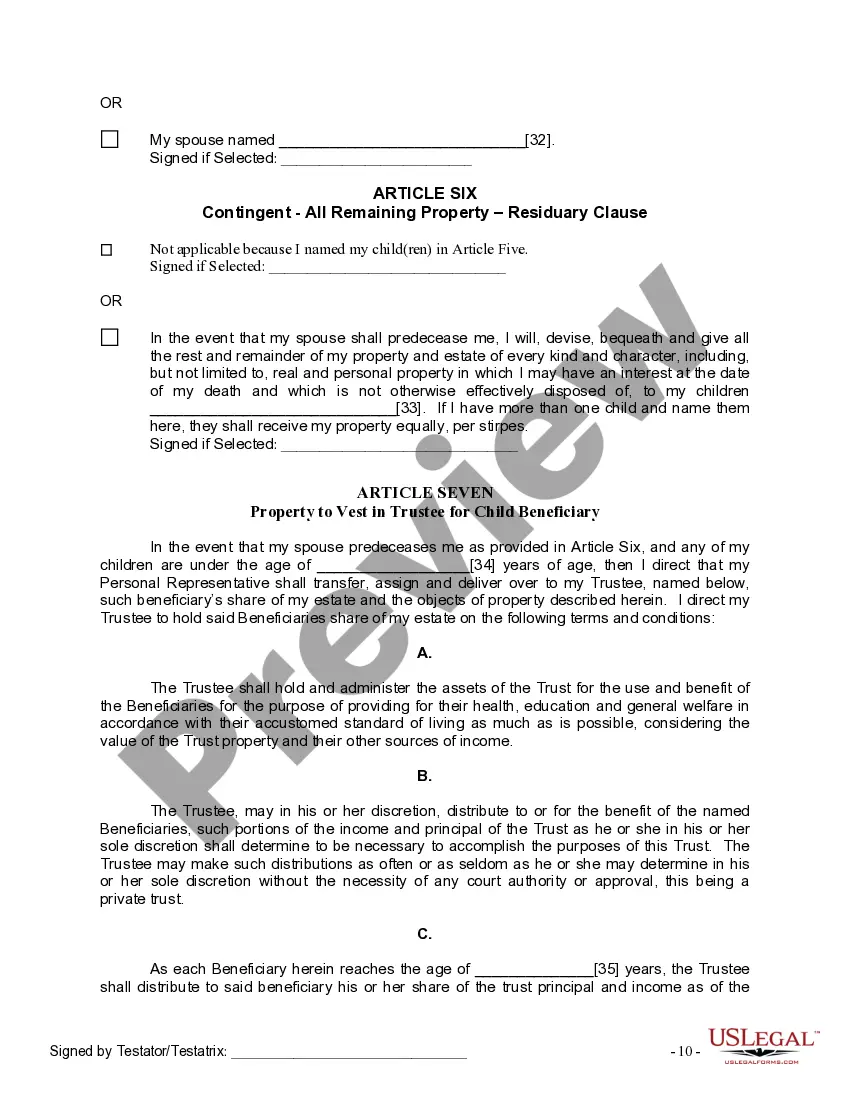 Preview Last Will and Testament for Married person with Minor Children from Prior Marriage