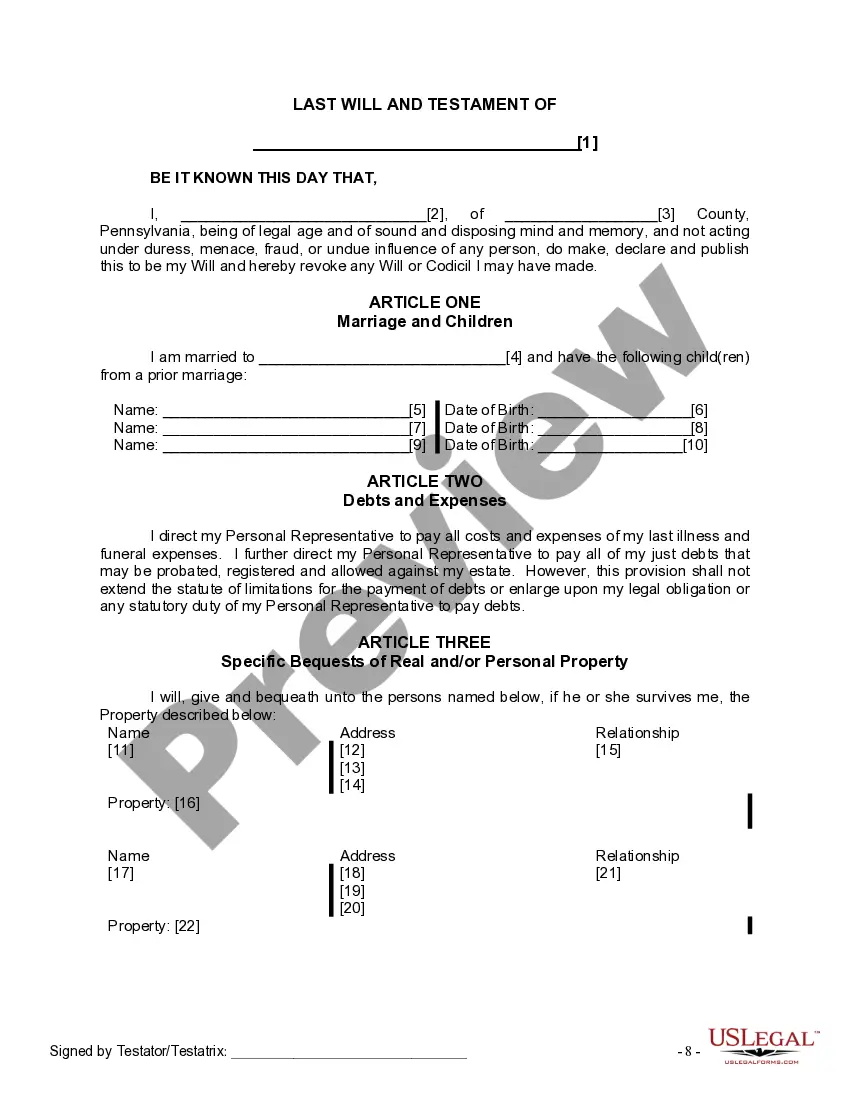 Preview Last Will and Testament for Married person with Minor Children from Prior Marriage