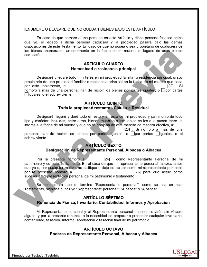 Get Formulario de última voluntad y testamento legal para personas divorciadas que no se han vuelto a casar y no tienen hijos Preview Formulario de última voluntad y testamento legal para personas divorciadas que no se han vuelto a casar y no tienen hijos
