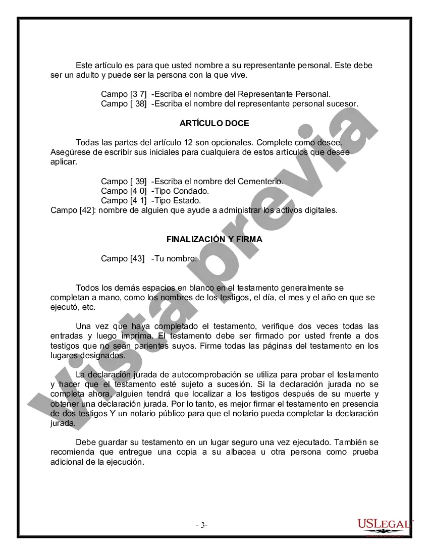 Preview Formulario de última voluntad y testamento legal para personas divorciadas que no se han vuelto a casar con hijos menores
