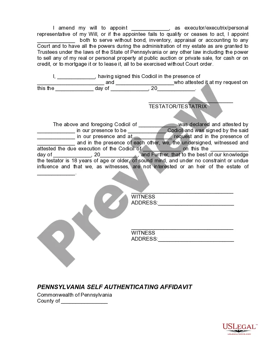 Get Codicil to Will Form for Amending Your Will - Will Changes or Amendments Preview Codicil to Will Form for Amending Your Will - Will Changes or Amendments