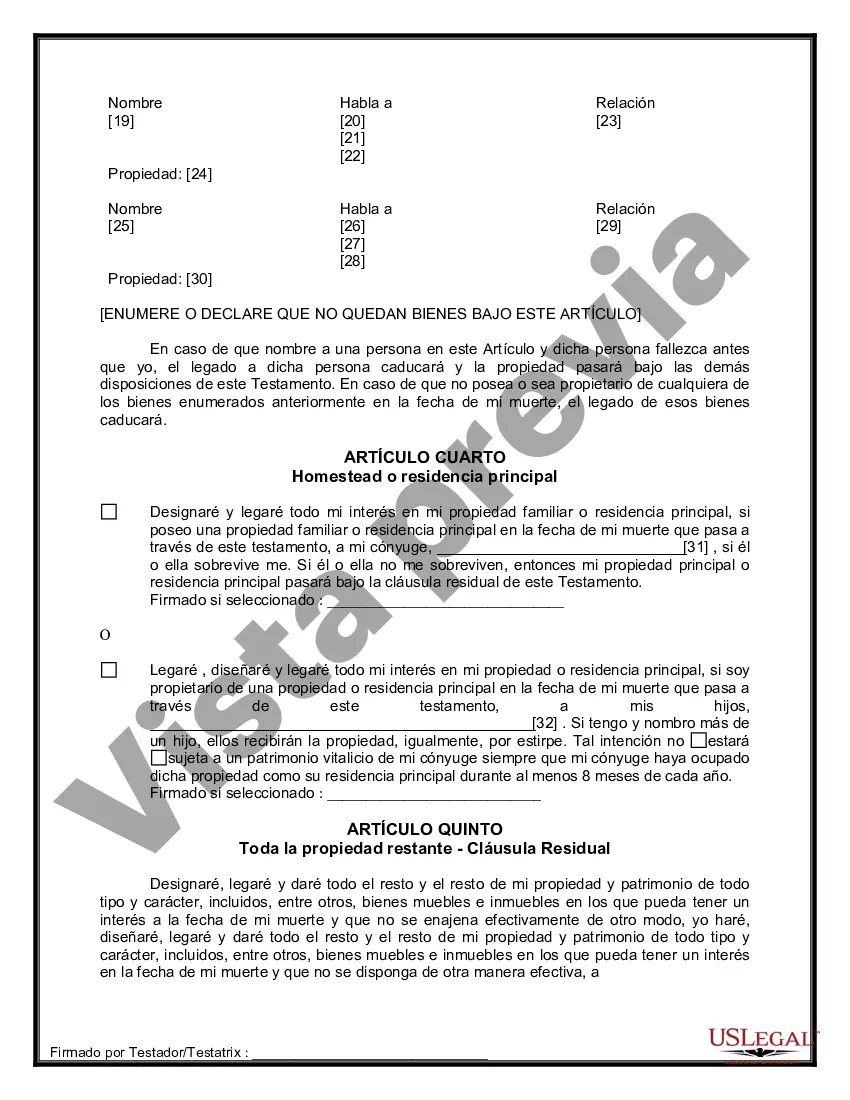 Preview Formulario Legal de Última Voluntad y Testamento para Persona Casada con Hijos Adultos y Menores de Matrimonio Anterior