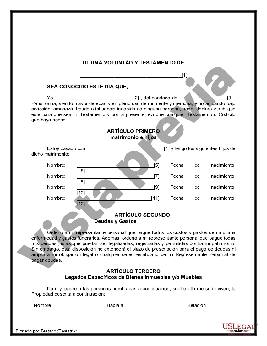 Preview Formulario Legal de Última Voluntad y Testamento para Persona Casada con Hijos Adultos y Menores