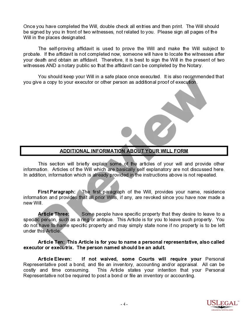 Preview Last Will and Testament for Widow or Widower with Minor Children