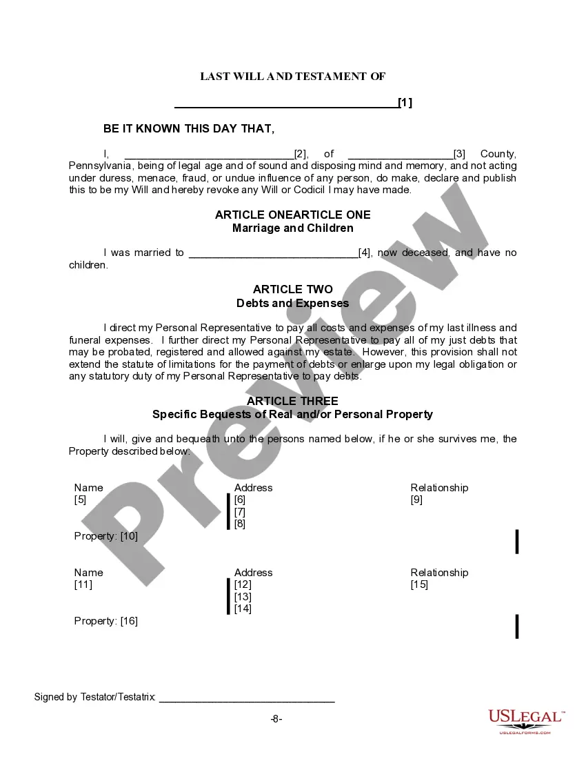 Preview Last Will for a Widow or Widower with no Children