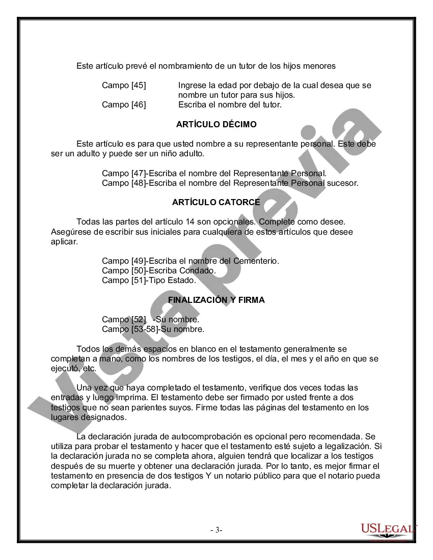 Preview Formulario Legal de Última Voluntad y Testamento para una Viuda o Viudo con Hijos Adultos y Menores