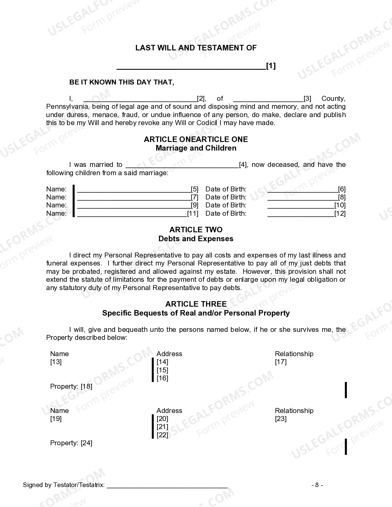 Preview Last Will and Testament for a Widow or Widower with Adult and Minor Children