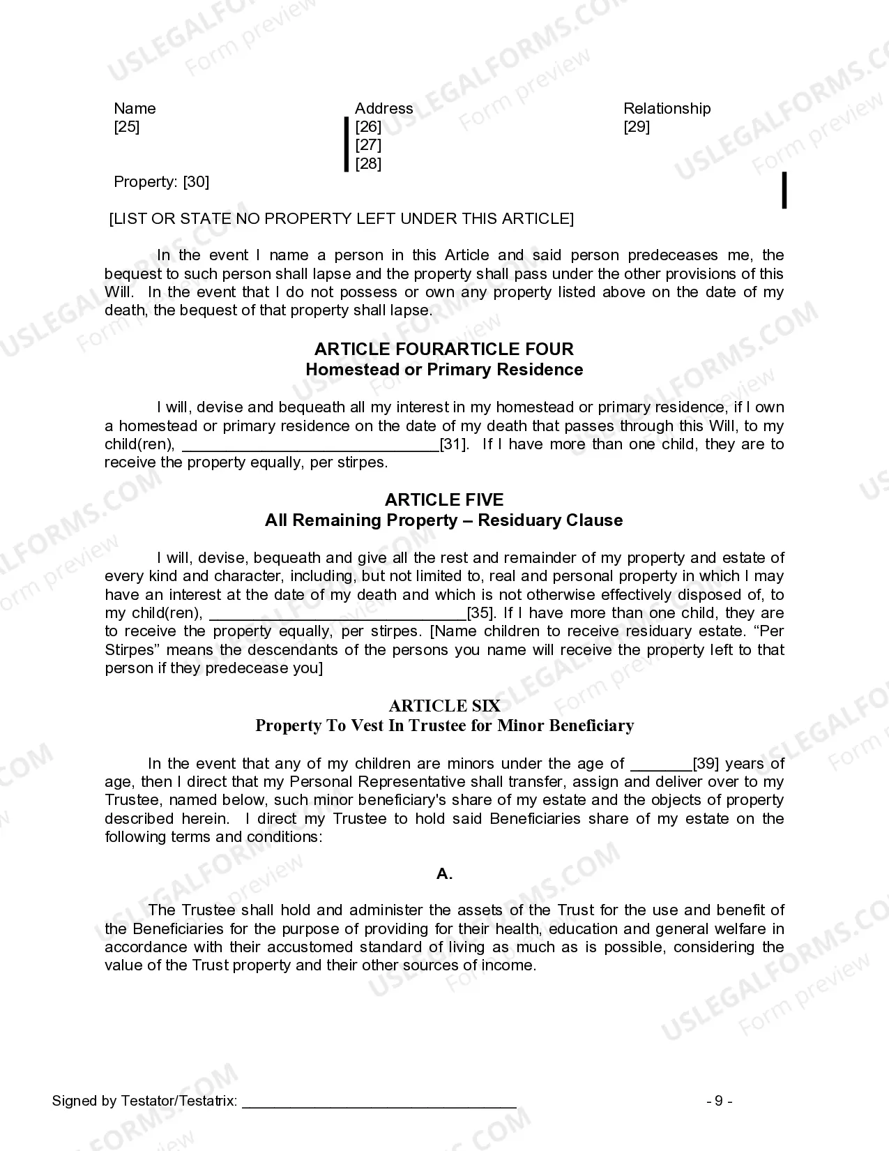 Preview Last Will and Testament for a Widow or Widower with Adult and Minor Children