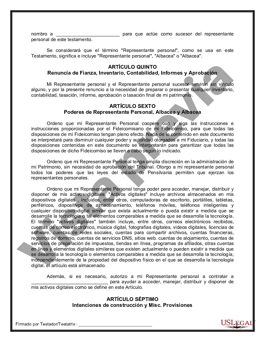Preview Último testamento legal y formulario de testamento con todos los bienes en fideicomiso llamado testamento invertido