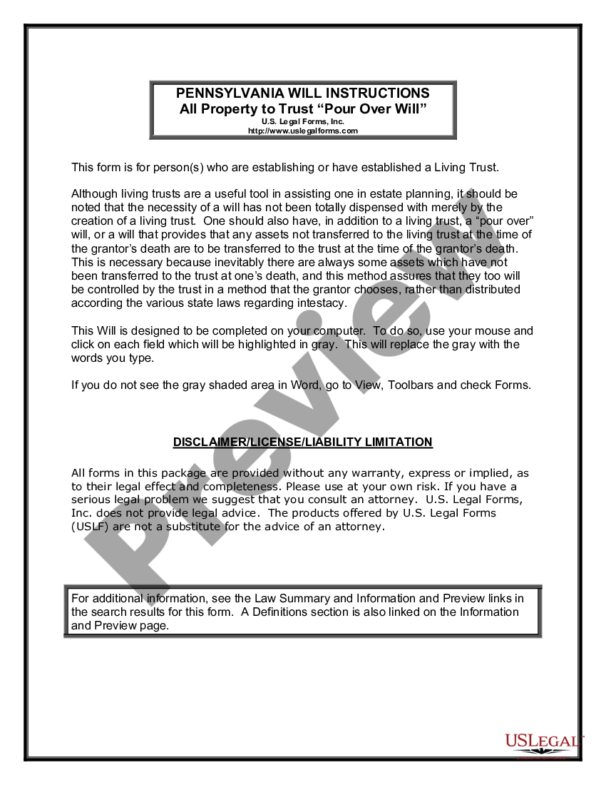 Pennsylvania Legal Last Will and Testament Form with All Property to