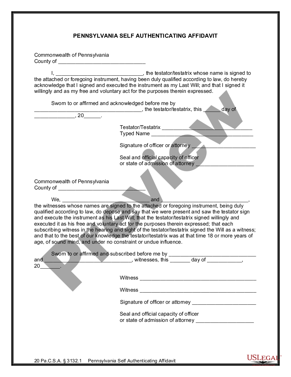 Pennsylvania Legal Last Will and Testament Form with All Property to