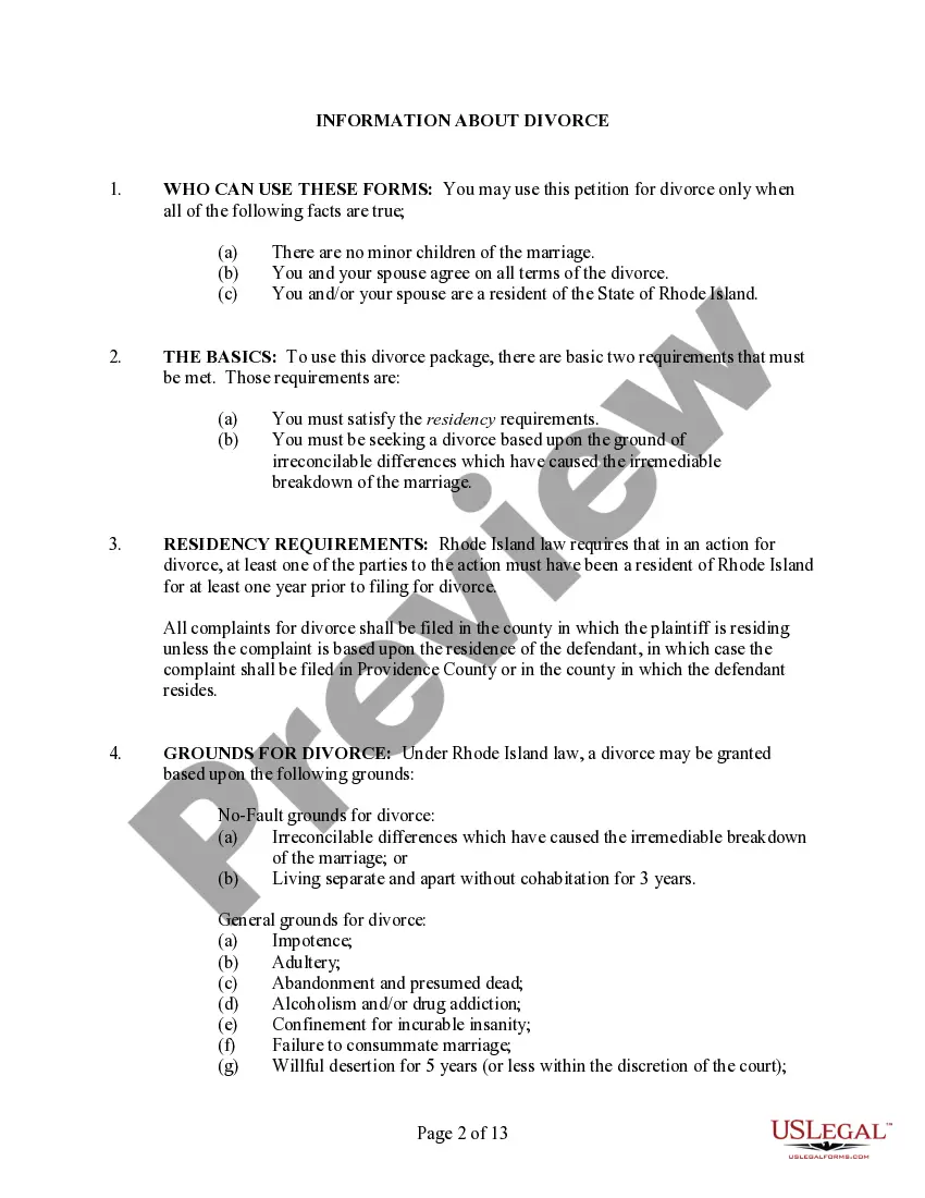 Preview Rhode Island No-Fault Uncontested Agreed Divorce Package for Dissolution of Marriage with Adult Children and with or without Property and Debts