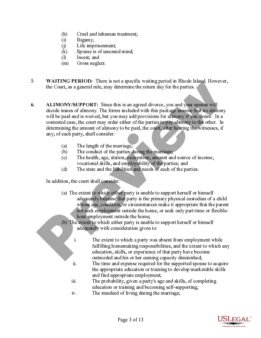 Preview Rhode Island No-Fault Uncontested Agreed Divorce Package for Dissolution of Marriage with Adult Children and with or without Property and Debts
