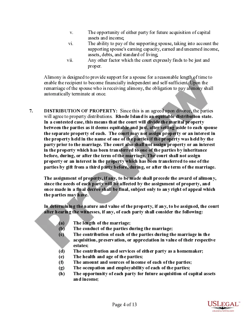 Preview Rhode Island No-Fault Uncontested Agreed Divorce Package for Dissolution of Marriage with Adult Children and with or without Property and Debts