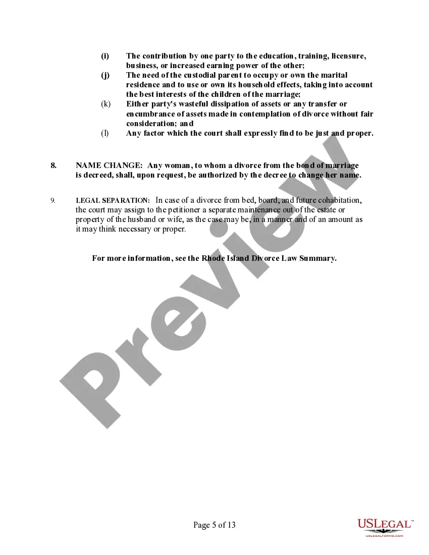 Preview Rhode Island No-Fault Uncontested Agreed Divorce Package for Dissolution of Marriage with Adult Children and with or without Property and Debts