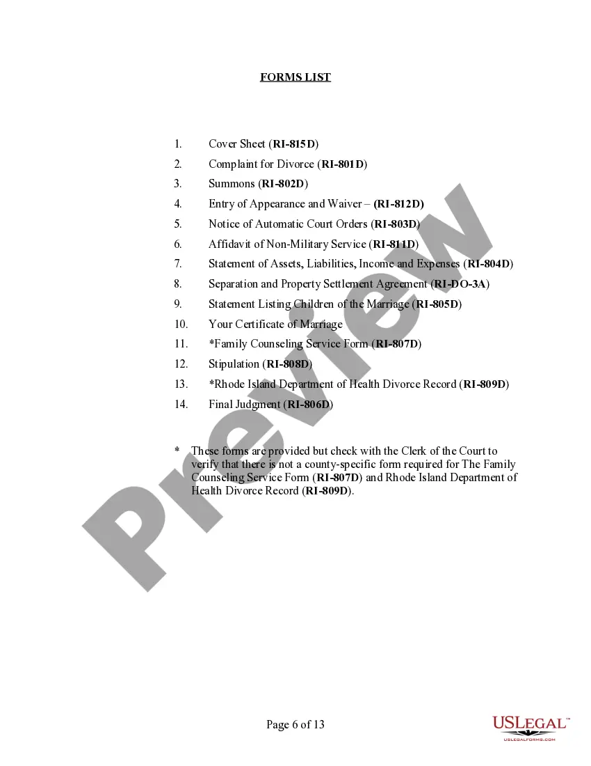 Preview Rhode Island No-Fault Uncontested Agreed Divorce Package for Dissolution of Marriage with Adult Children and with or without Property and Debts