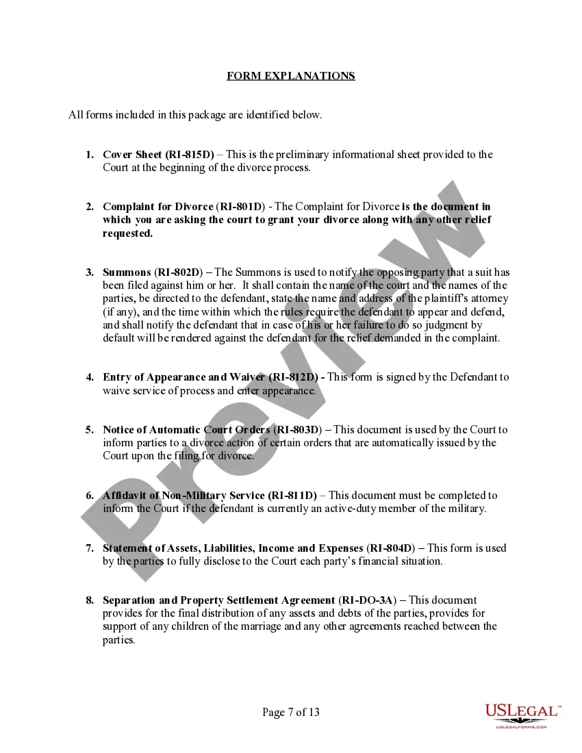 Preview Rhode Island No-Fault Uncontested Agreed Divorce Package for Dissolution of Marriage with Adult Children and with or without Property and Debts