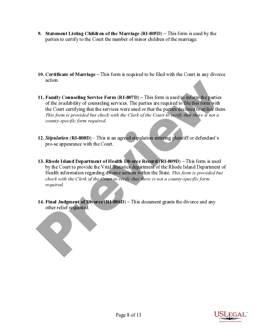 Preview Rhode Island No-Fault Uncontested Agreed Divorce Package for Dissolution of Marriage with Adult Children and with or without Property and Debts