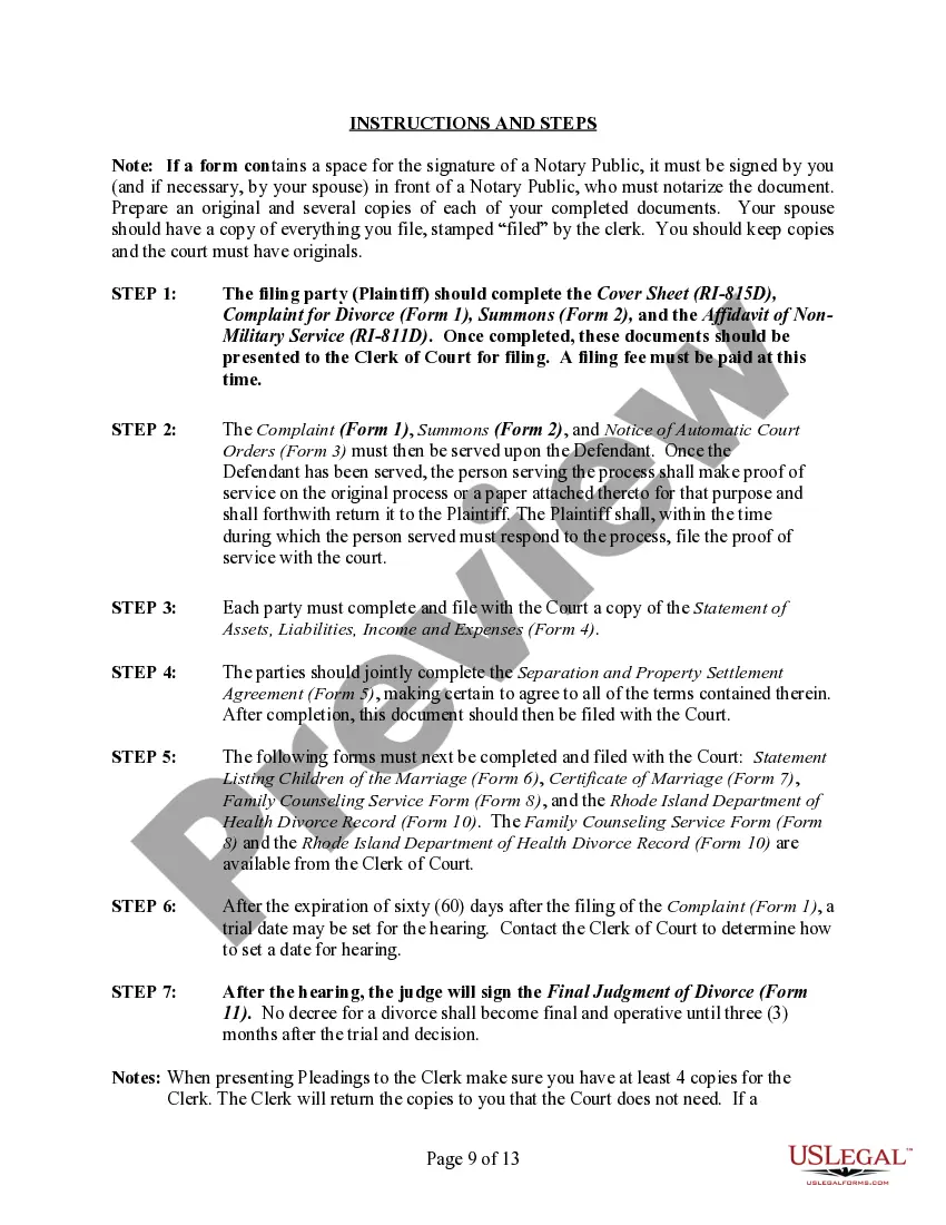 Preview Rhode Island No-Fault Uncontested Agreed Divorce Package for Dissolution of Marriage with Adult Children and with or without Property and Debts