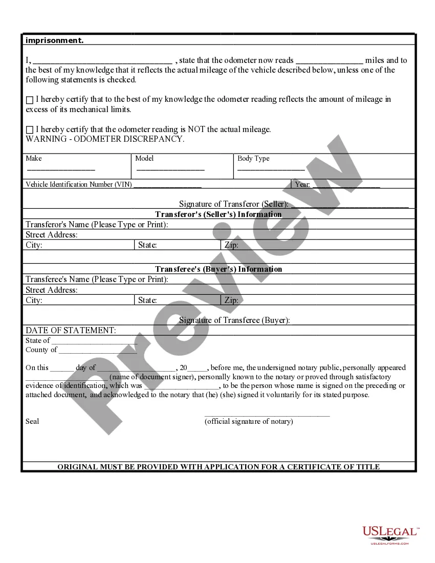 Preview Bill of Sale of Automobile and Odometer Statement