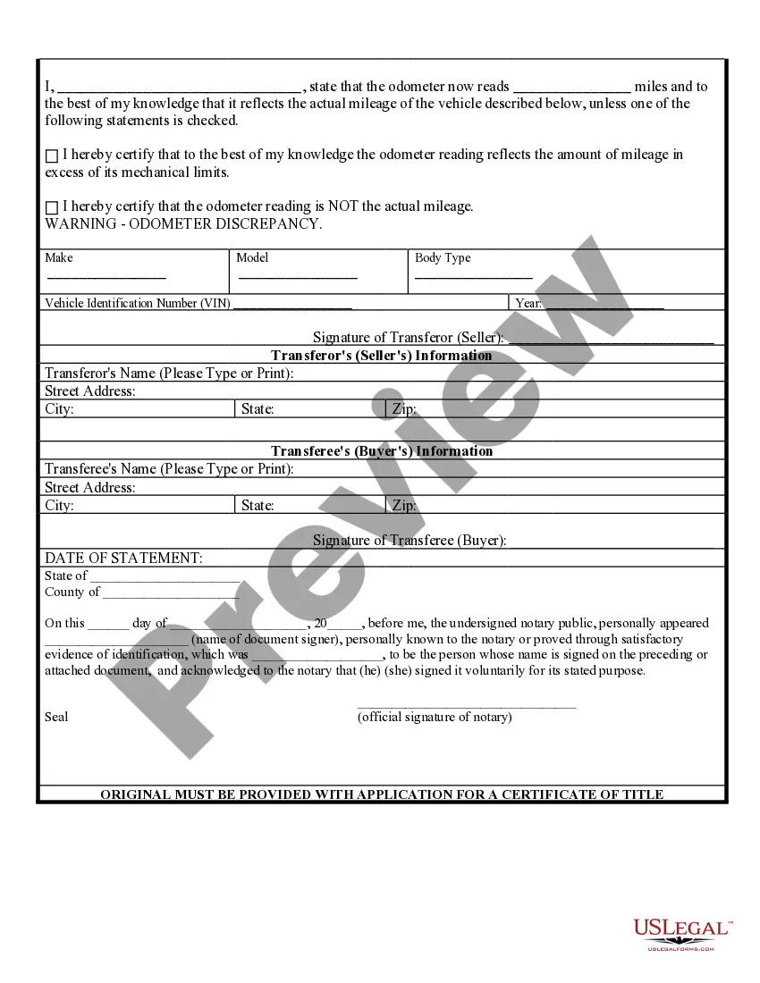 Get Bill of Sale of Automobile and Odometer Statement for As-Is Sale Preview Bill of Sale of Automobile and Odometer Statement for As-Is Sale