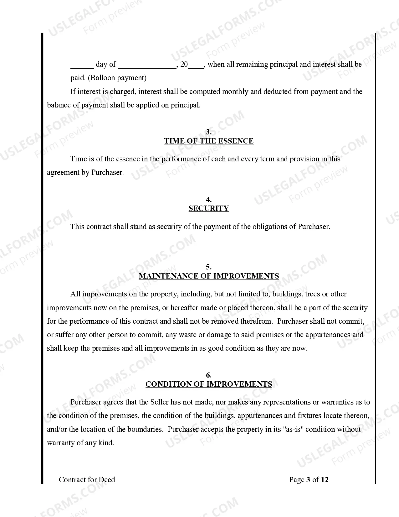 Preview Agreement or Contract for Deed for Sale and Purchase of Real Estate a/k/a Land or Executory Contract